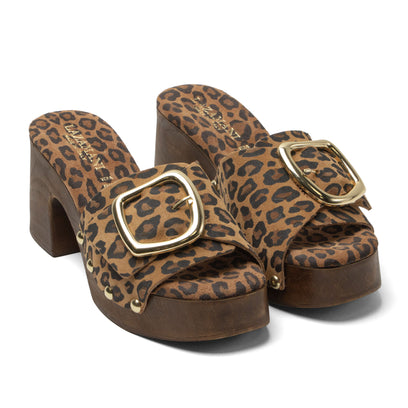 Celia Damen Wildleder-Clogs Leopard