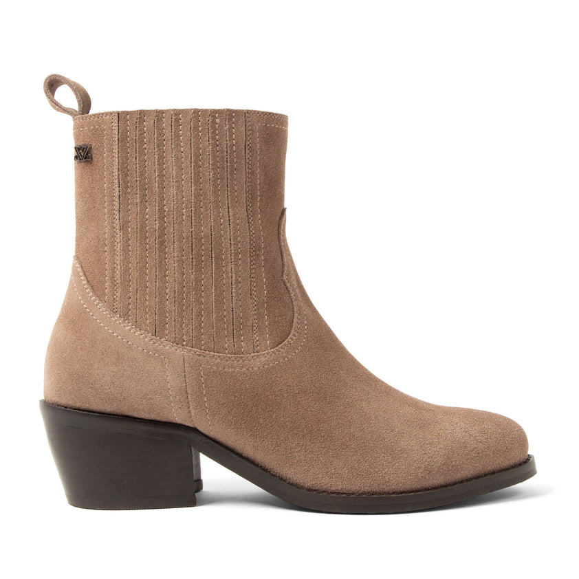 An Damen Wildleder-Stiefeletten Taupe