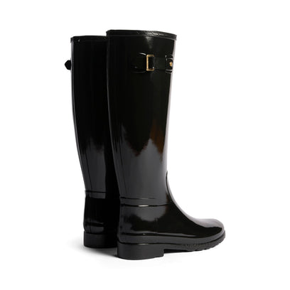 Women's Refined Gold Trim Tall Gloss Wellington Boots Black
