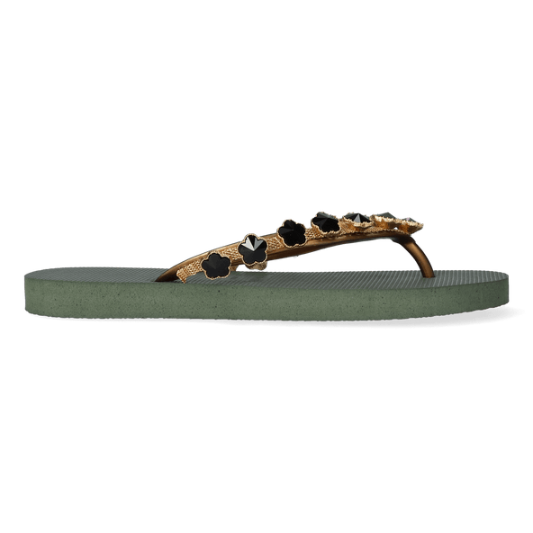 Black Flower Damen Flip Flops Army Green