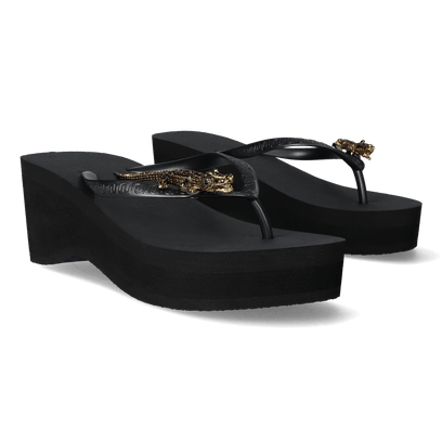 Black Crocodile Switch High Heel Damen Zehentrenner Black